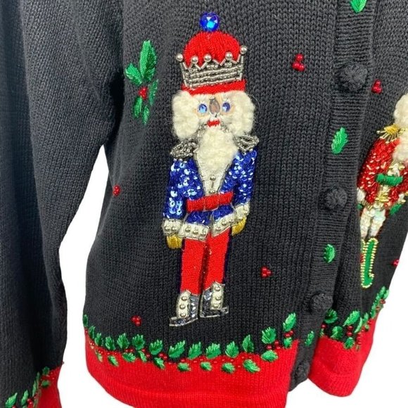 Victoria Jones Petite Embellished Nutcracker Christmas Cardigan Sweater Beads PM - Picture 5 of 13
